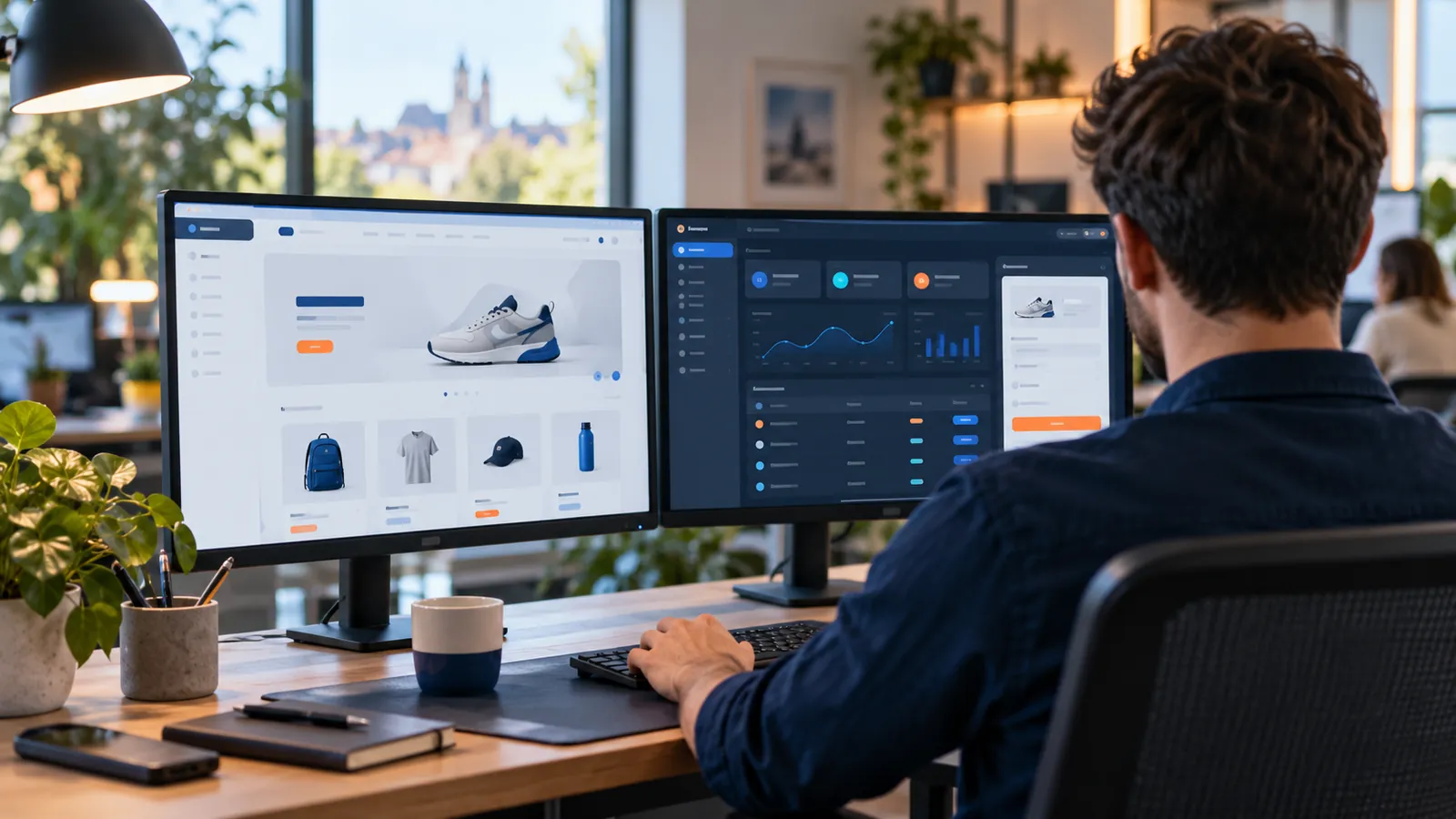 Back-office et front-office : développeur devant une boutique en ligne et son interface d'administration